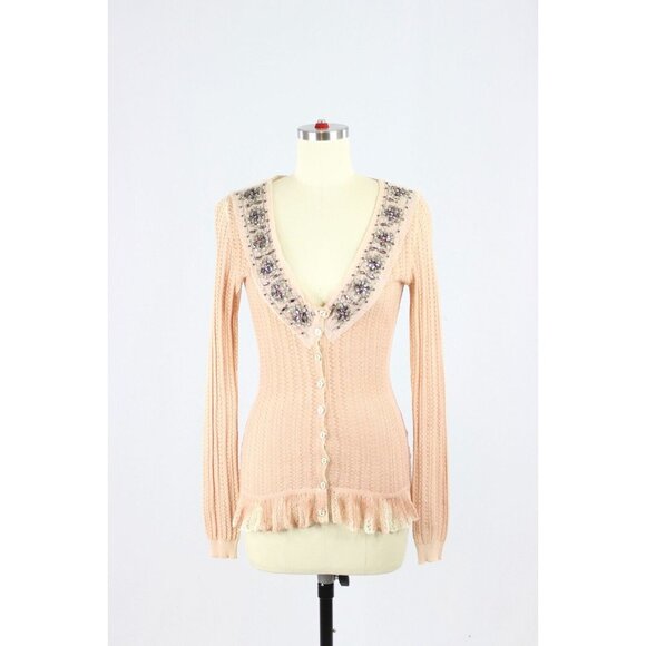 D&G DOLCE & GABBANA Pink Pointelle Knit Embellished Cardigan Sweater, Size XS - Picture 1 of 16